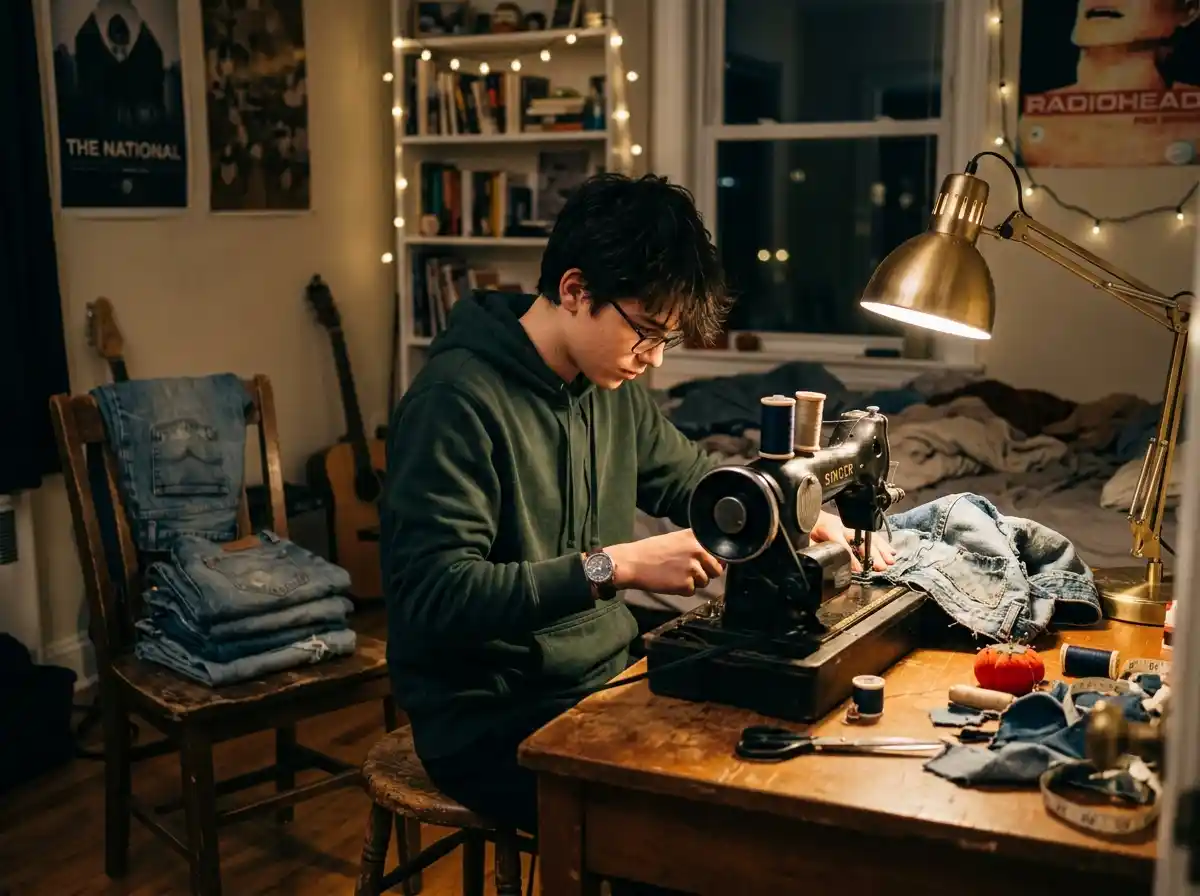 A teenage boy sewing denim jeans together late at night