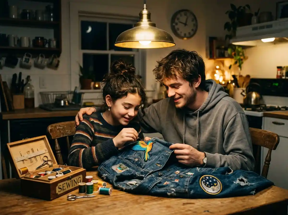 A brother and sister sitting at a kitchen table sewing patches onto a jacket