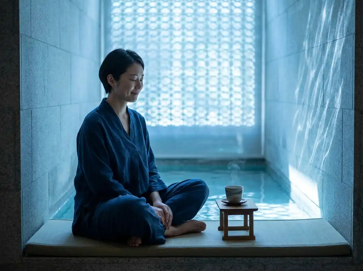 A deeply calm person sitting peacefully surrounded by soothing blue light and water reflections