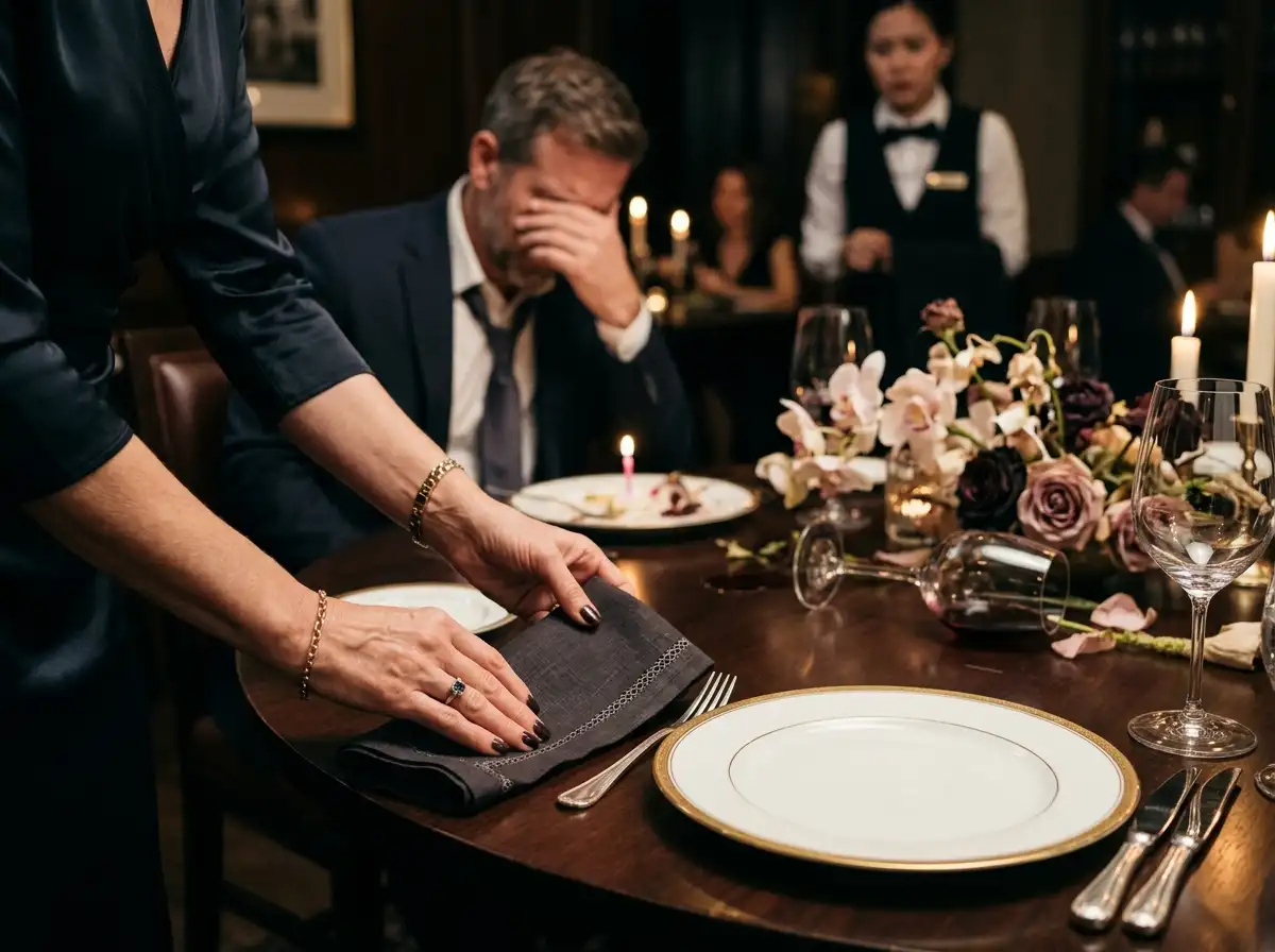 A woman's hands calmly folding a napkin on a formal dinner table