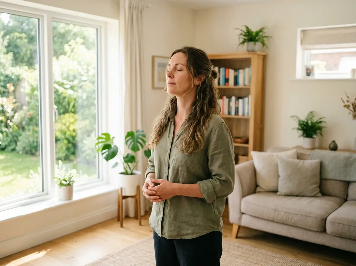 A woman taking a deep, calming breath with her eyes closed