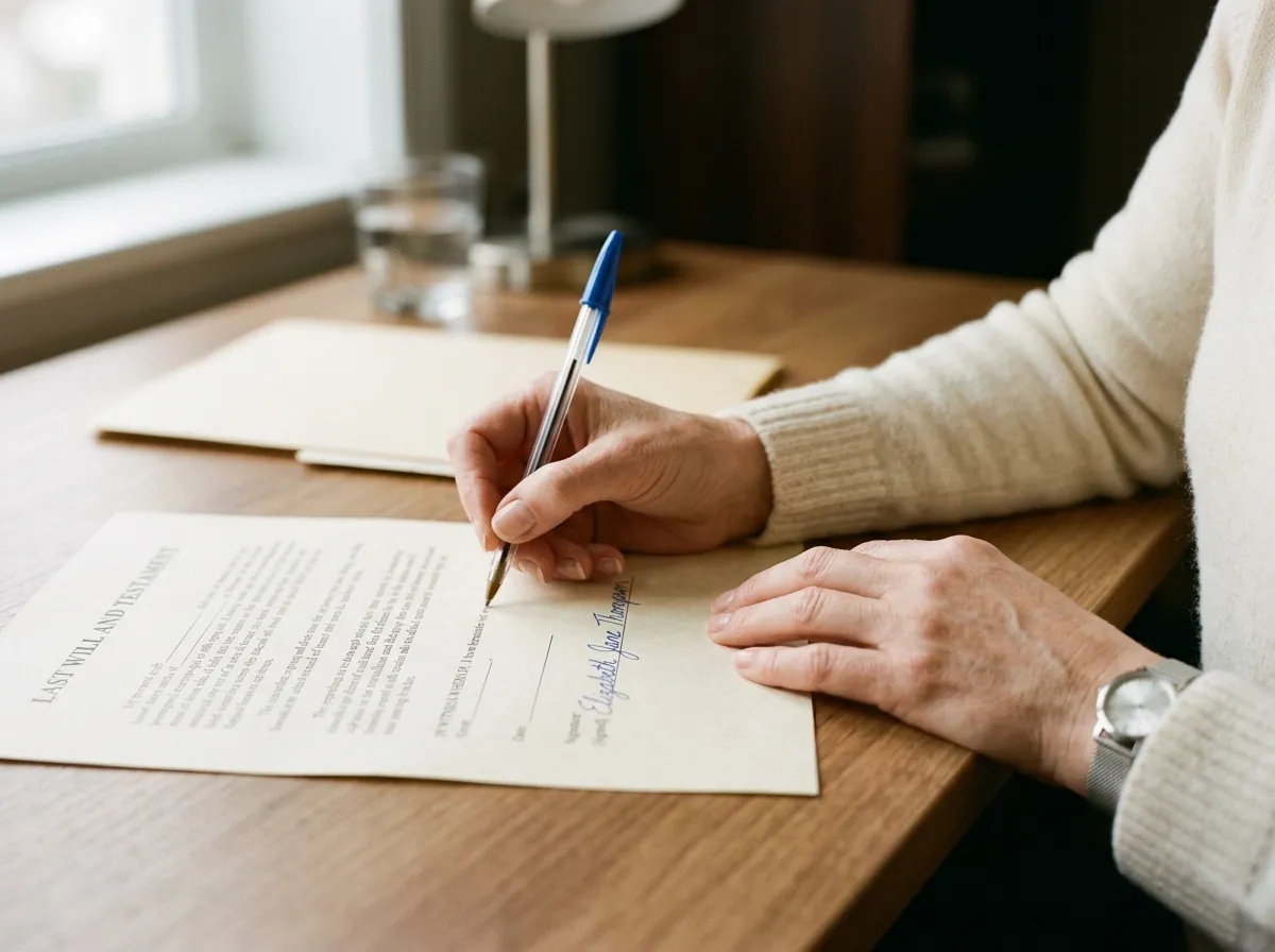 A woman's steady hand signing a legal document with a simple pen