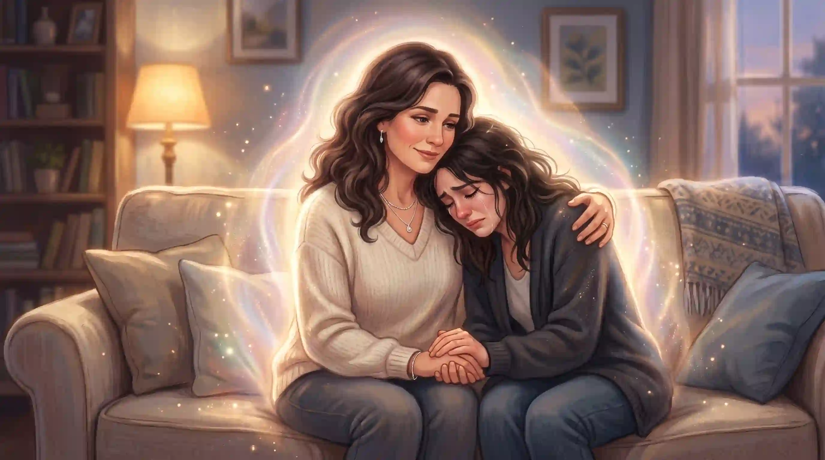 Illustration of a glowing woman comforting a grieving friend on a couch