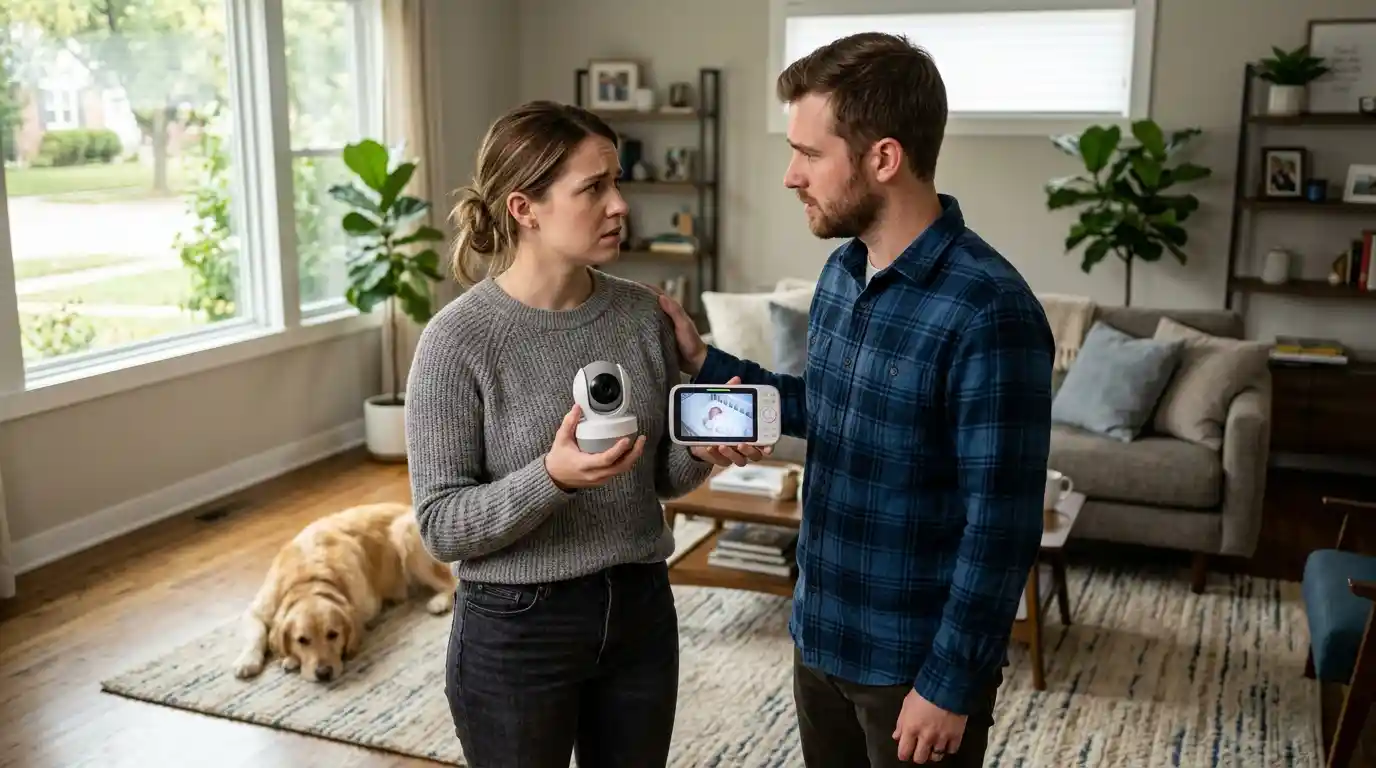 Worried parents setting up a night vision baby monitor in the nursery