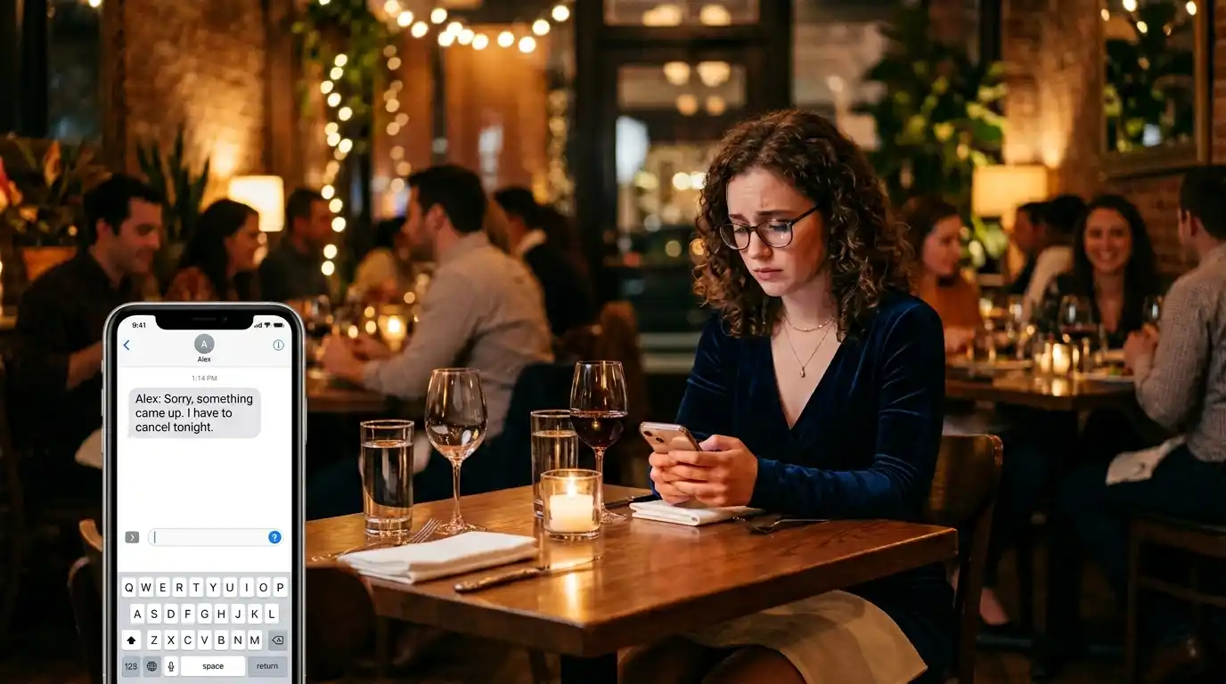 A woman sitting alone at a restaurant looking sadly at a canceled text message