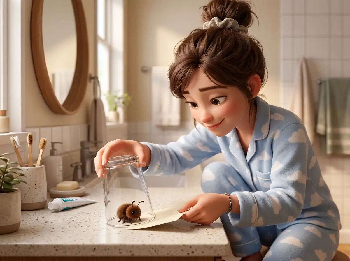 A 3D illustration of a woman gently capturing a beetle with a glass and a piece of paper