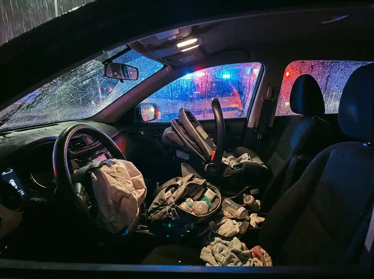 The view from inside a crashed car during a rainstorm, looking toward a baby seat