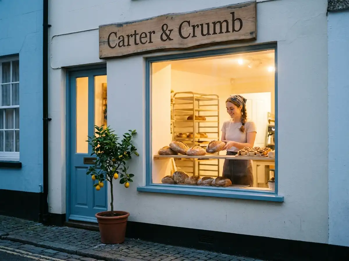 A warm, inviting bakery storefront called Carter & Crumb, with a happy owner inside.