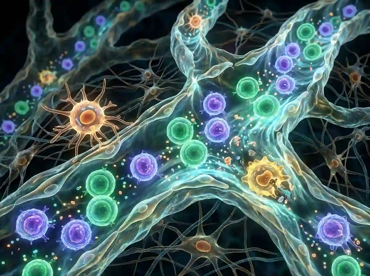 Microscopic 3D render of immune cells traveling through a fluid lymphatic vessel