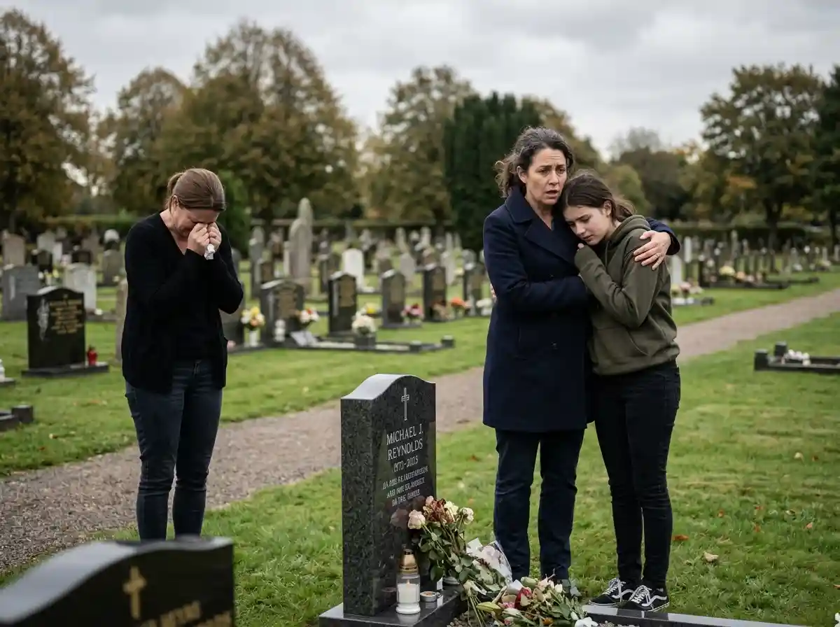 Two women and a teenager standing in shock around a gravestone in a cemetery.