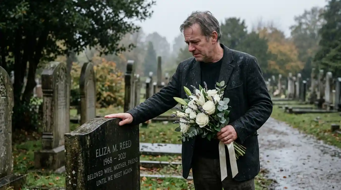 A man standing in the rain at a cemetery holding white roses