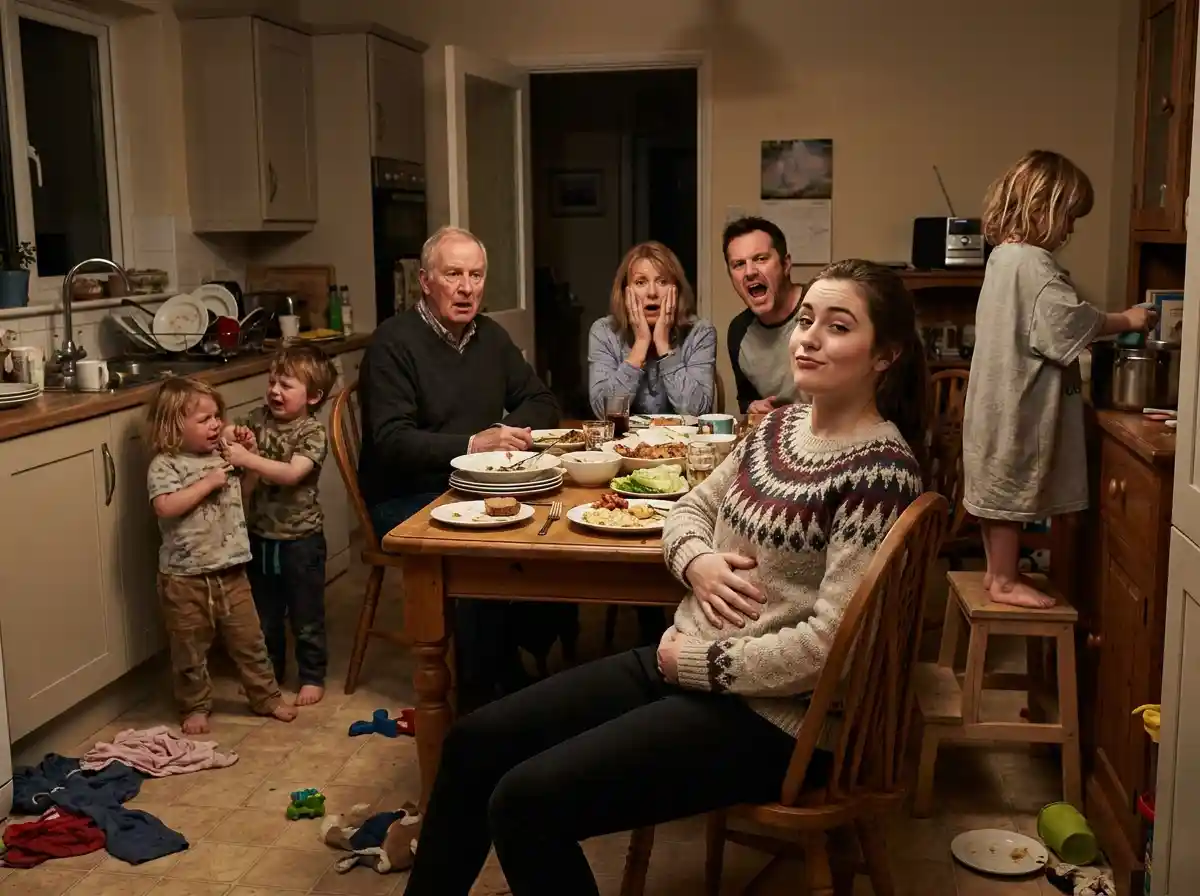 A smug woman announcing her pregnancy at a dinner table while unkempt children fight in the background.