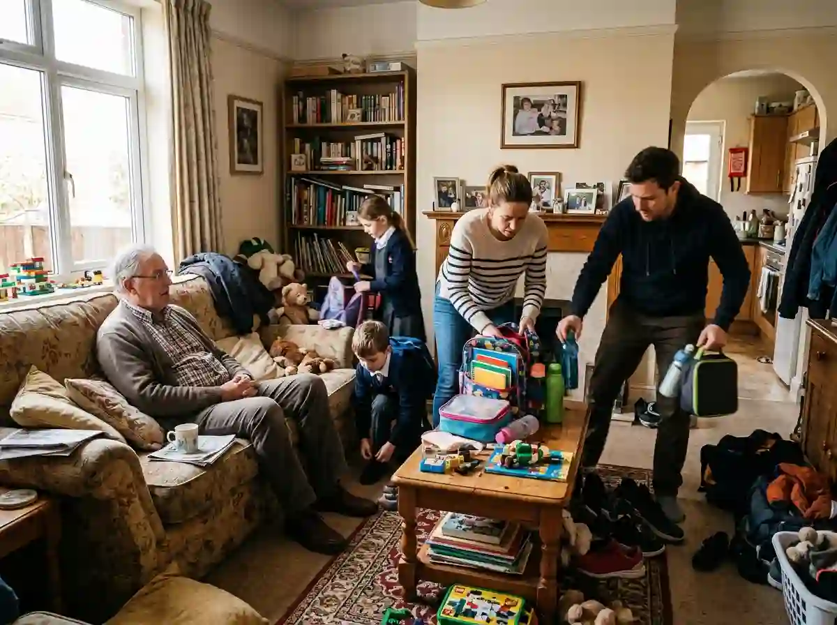 An older man sitting in a busy multi-generational household looking overwhelmed