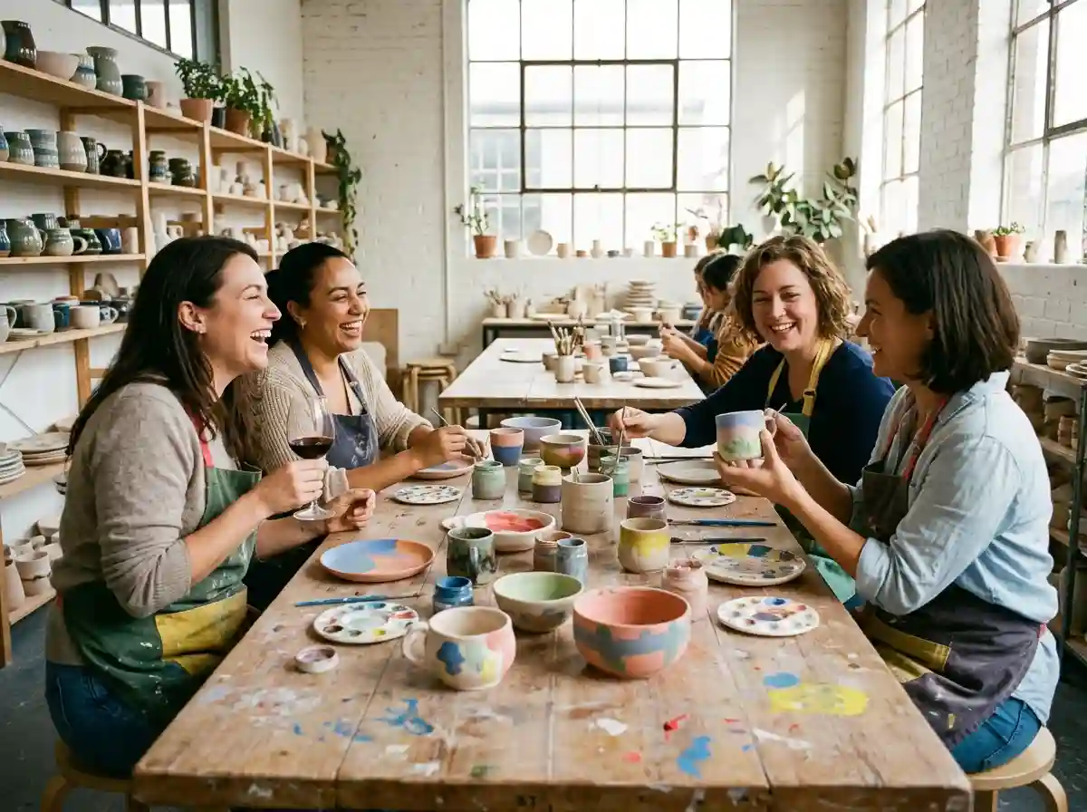 A bright, cheerful pottery studio filled with women painting and talking