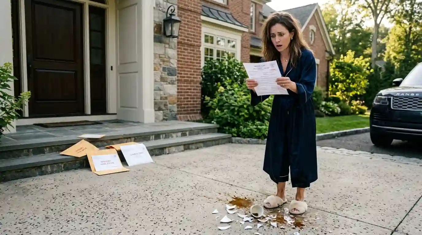 Chelsea looking terrified as she drops her coffee cup reading the legal notices