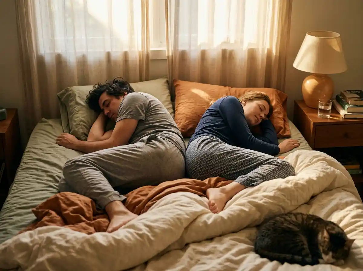 A couple sleeping back-to-back but with their lower backs gently touching, showing the Cherish position.