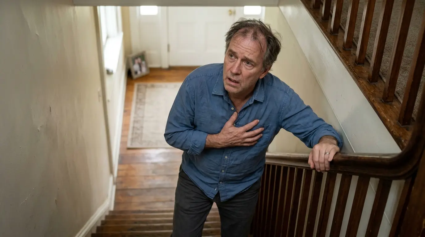 Robert pausing on the stairs, clutching his chest in discomfort