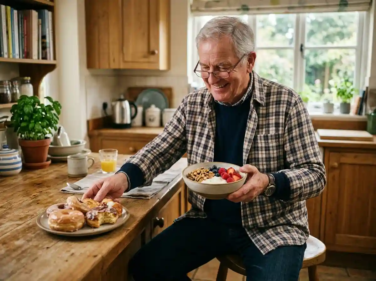 An older man pushing aside sugary pastries and choosing a healthy bowl of Greek yogurt.