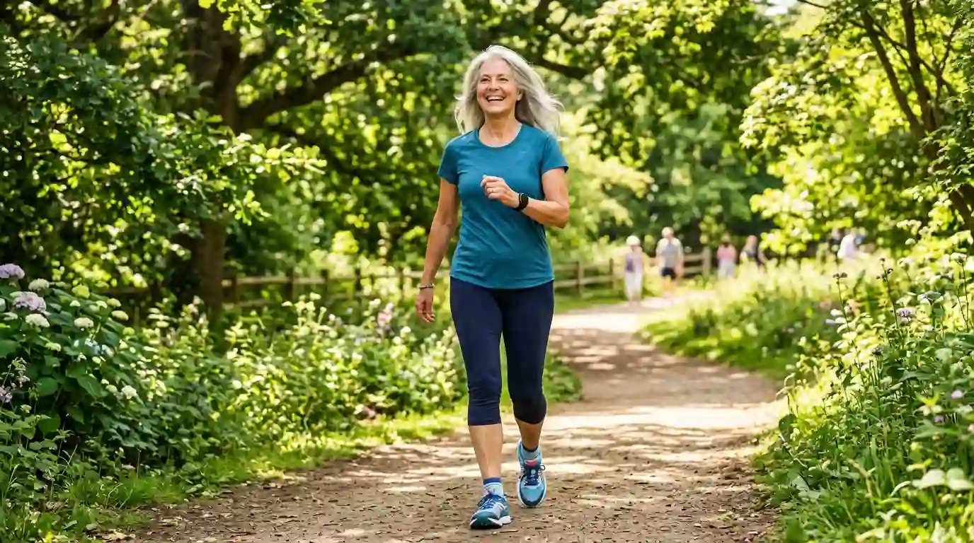 Clara looking radiant and happy while walking in a sunlit green park.