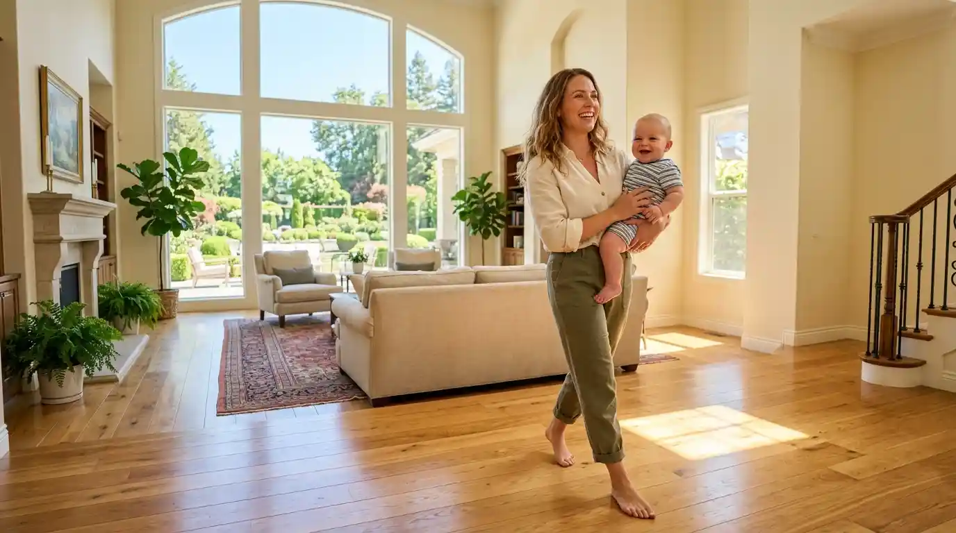 Clara smiling happily while holding baby Theo in their bright, sunlit home