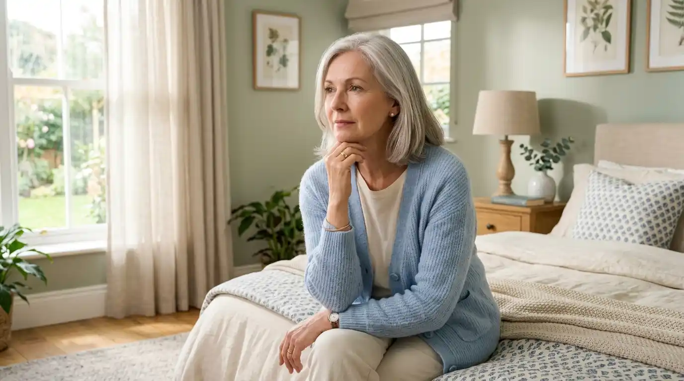 Clara sitting thoughtfully on her bed, looking concerned about her health.