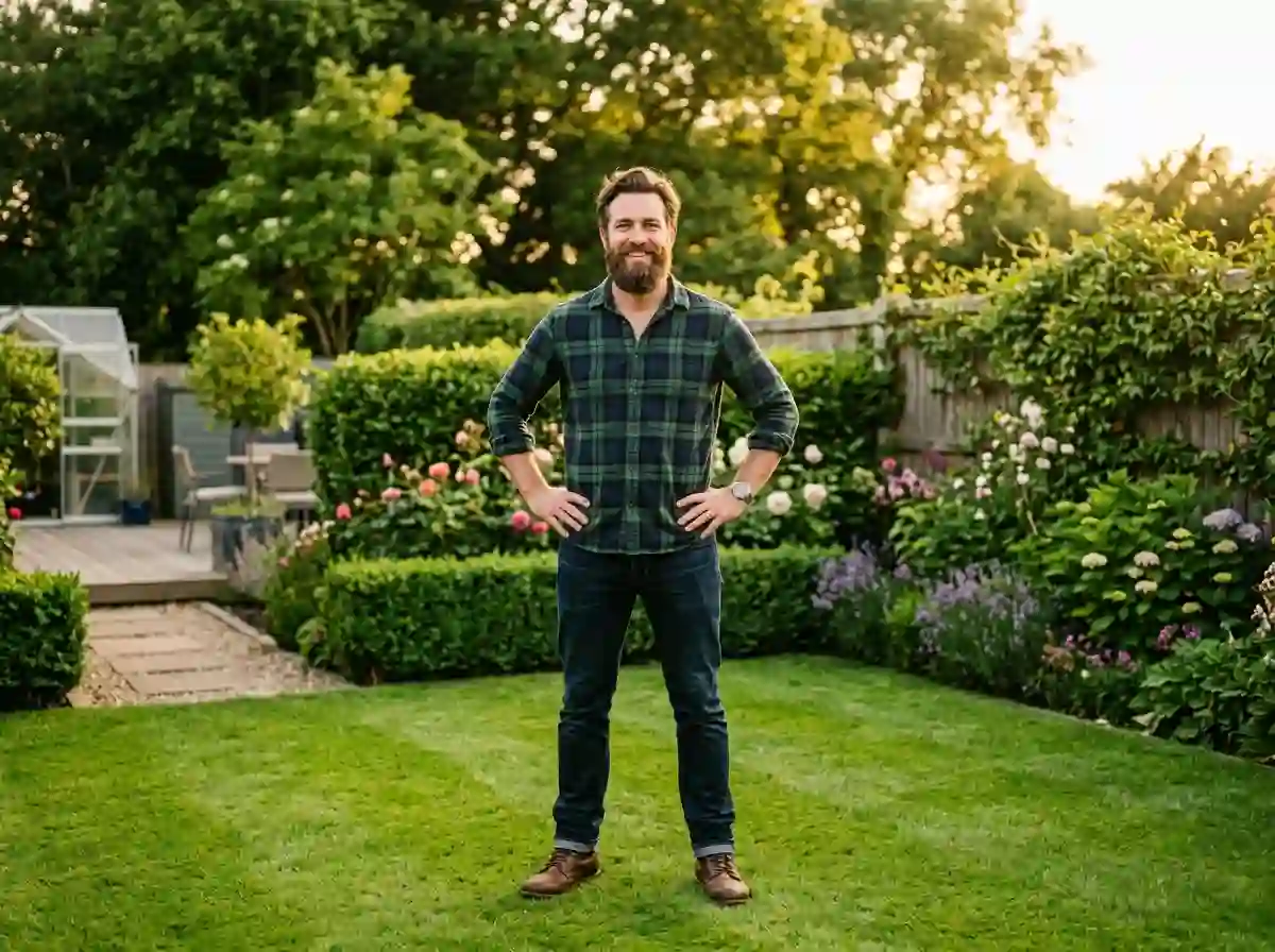 Mark proudly standing in his perfectly maintained, neatly cut backyard.