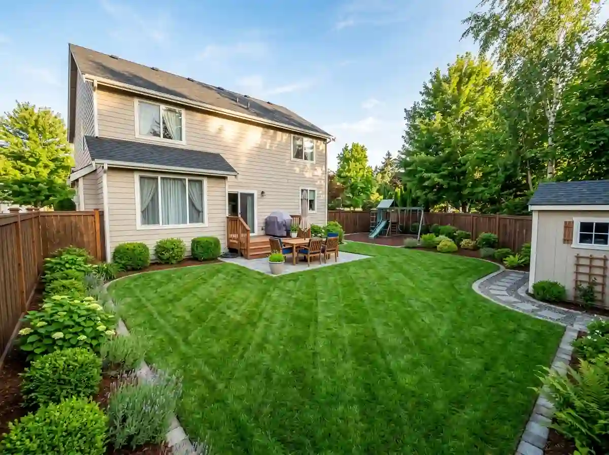 A well-maintained backyard with short grass and trimmed hedges, representing a safe environment.