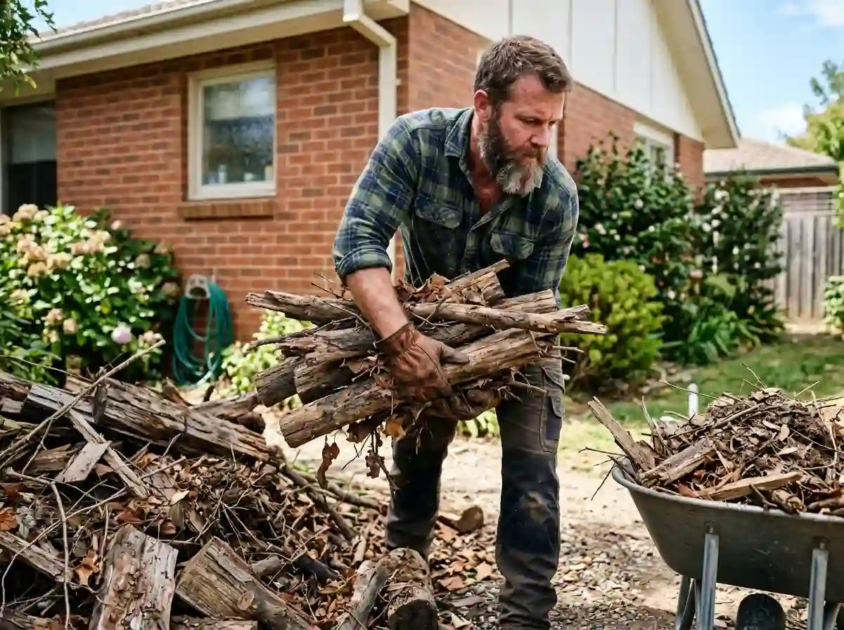 Mark actively clearing away a messy pile of old firewood and yard debris.