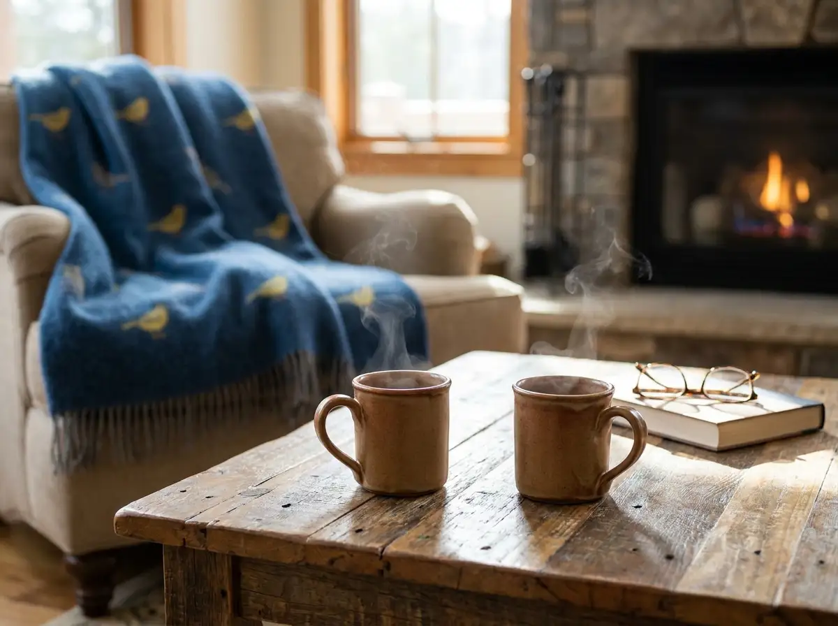 Two coffee mugs on a table with a blue blanket draped in the background