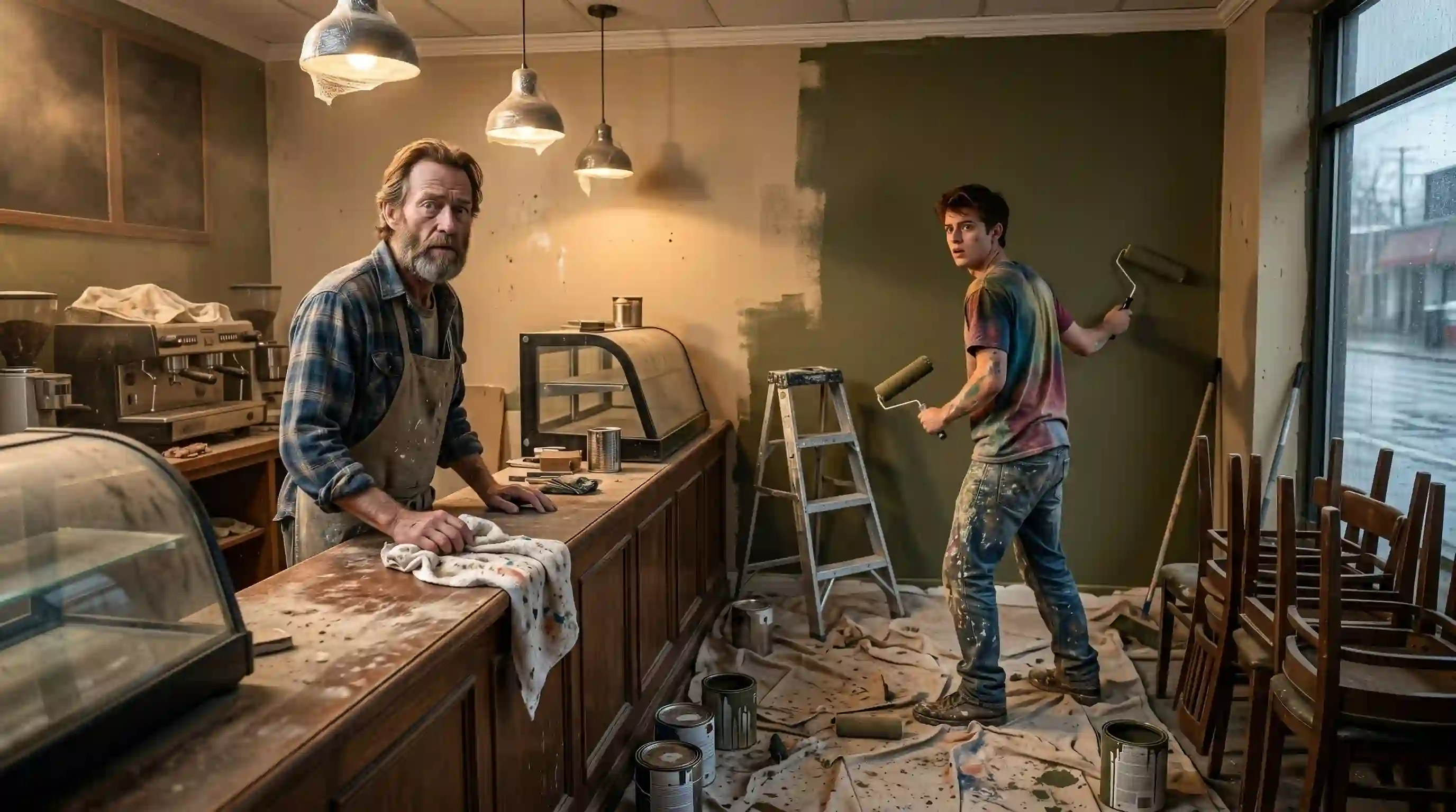 Coffee shop owner staring in absolute shock at the homeless painter