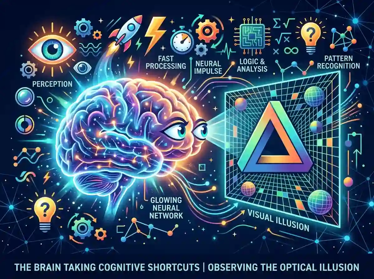 A glowing brain observing optical illusions, representing cognitive shortcuts and visual assumptions.