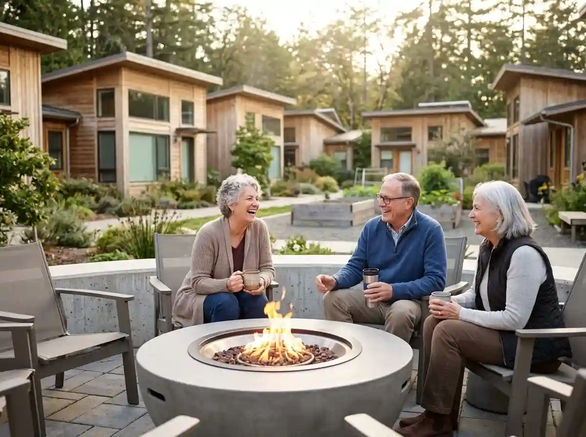 Older adults laughing together around a fire pit in a cohousing community