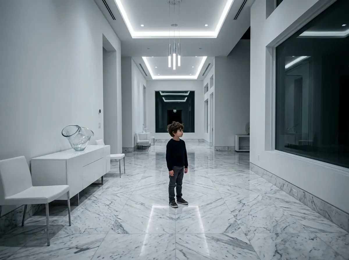 A young boy standing alone in a massive, cold, perfectly decorated marble mansion