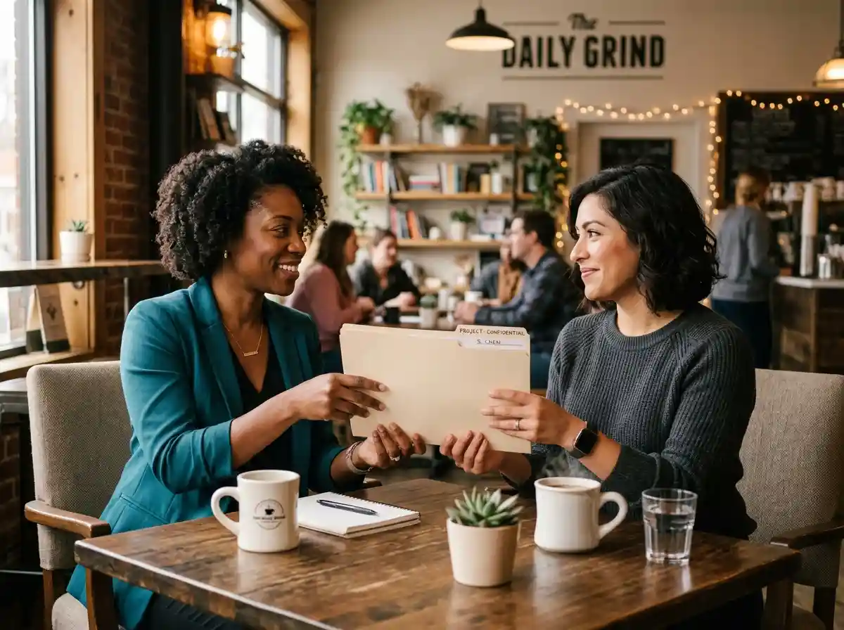 Two women sitting in a cafe, one handing the other a document with a supportive smile.