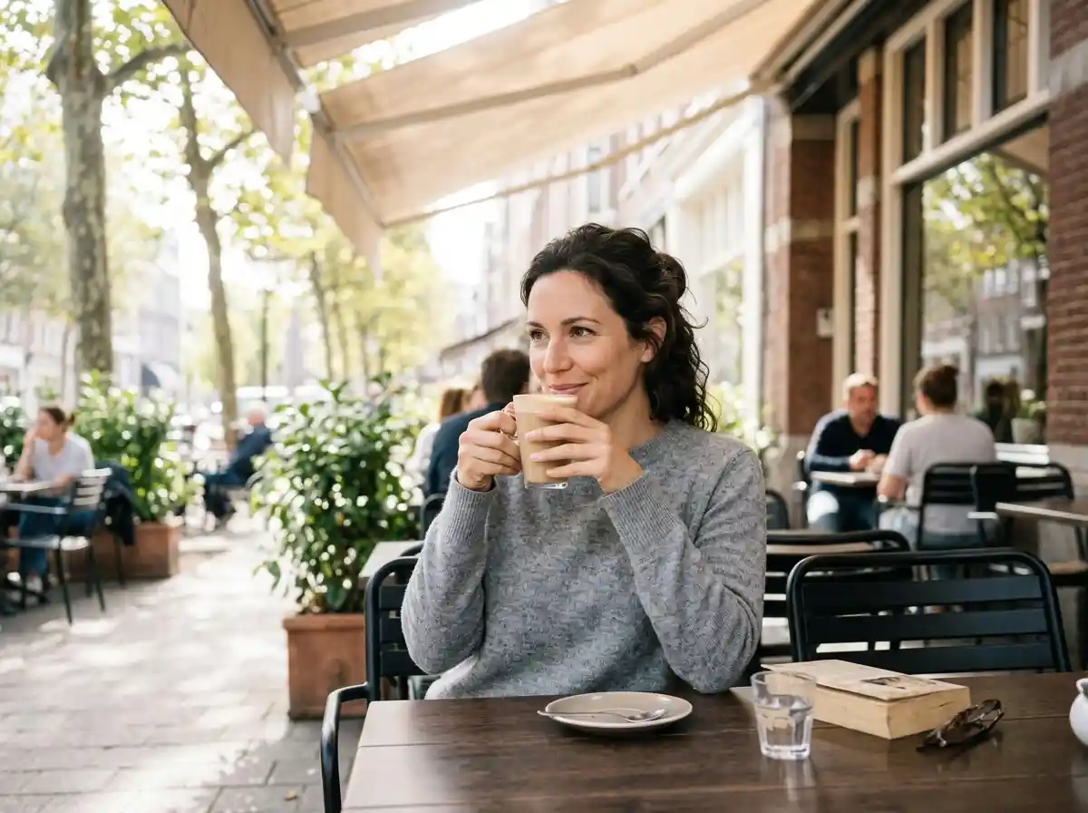 A serene and confident woman sipping coffee, radiating quiet strength