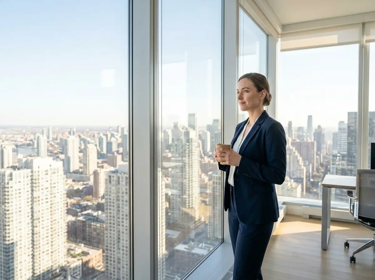 A confident woman looking out a high-rise office window at the Denver skyline