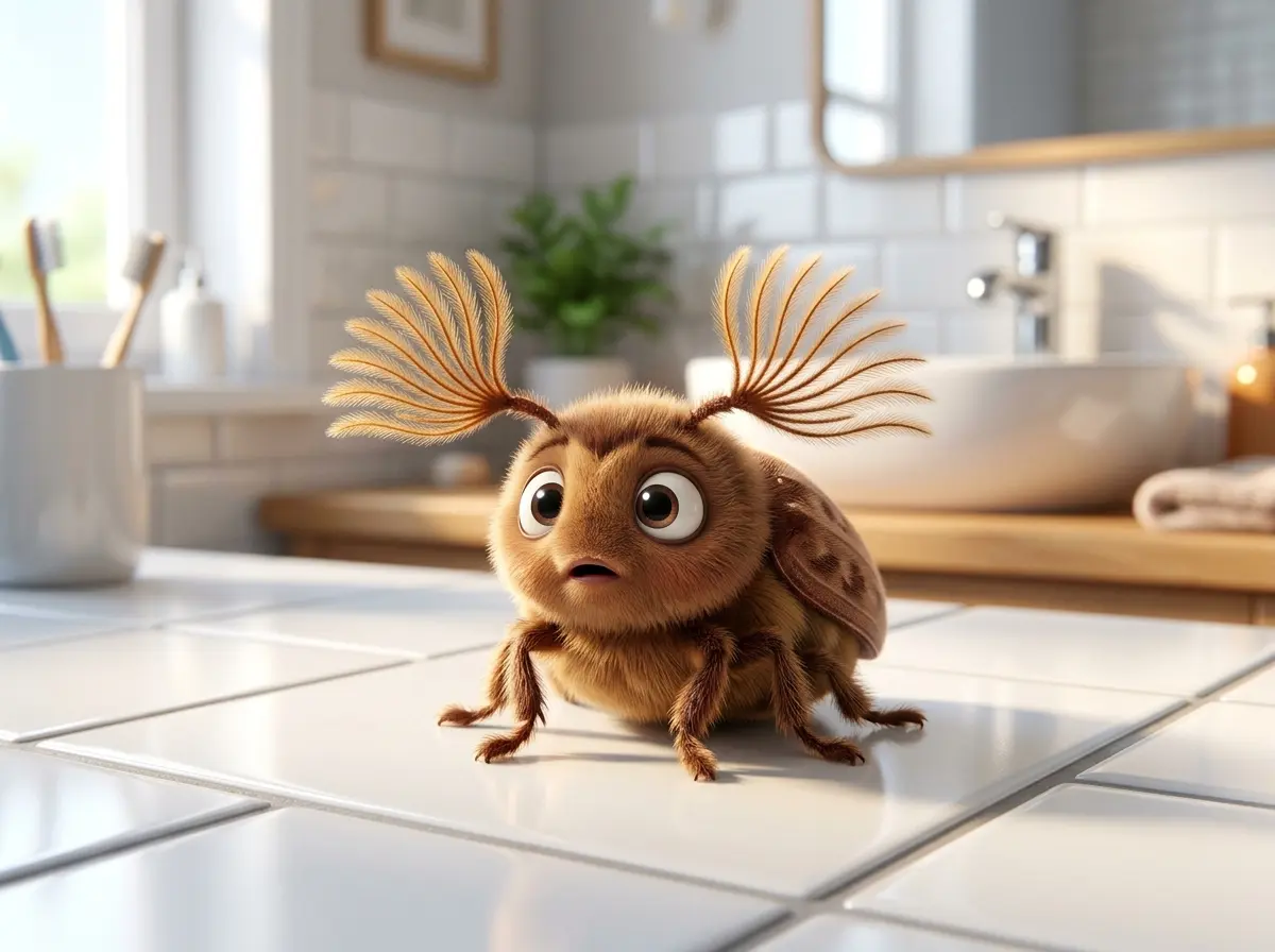 A 3D illustration of a confused, fluffy brown cockchafer beetle sitting on a bathroom tile