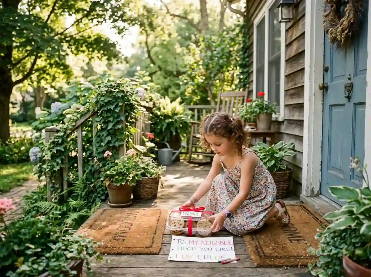 A little girl leaving a container of cookies on a neighbor's overgrown porch