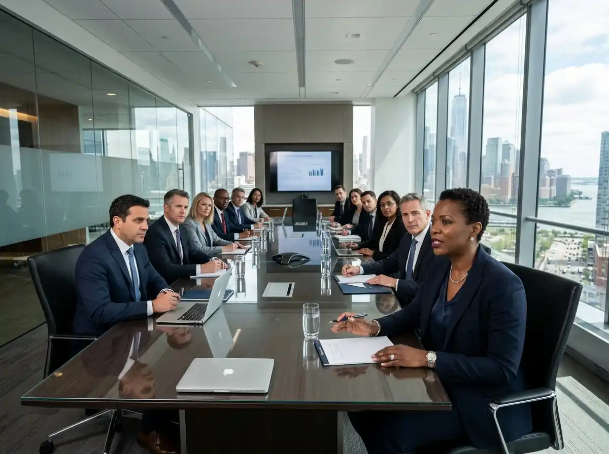 A confident businesswoman sitting at the head of a modern corporate boardroom table