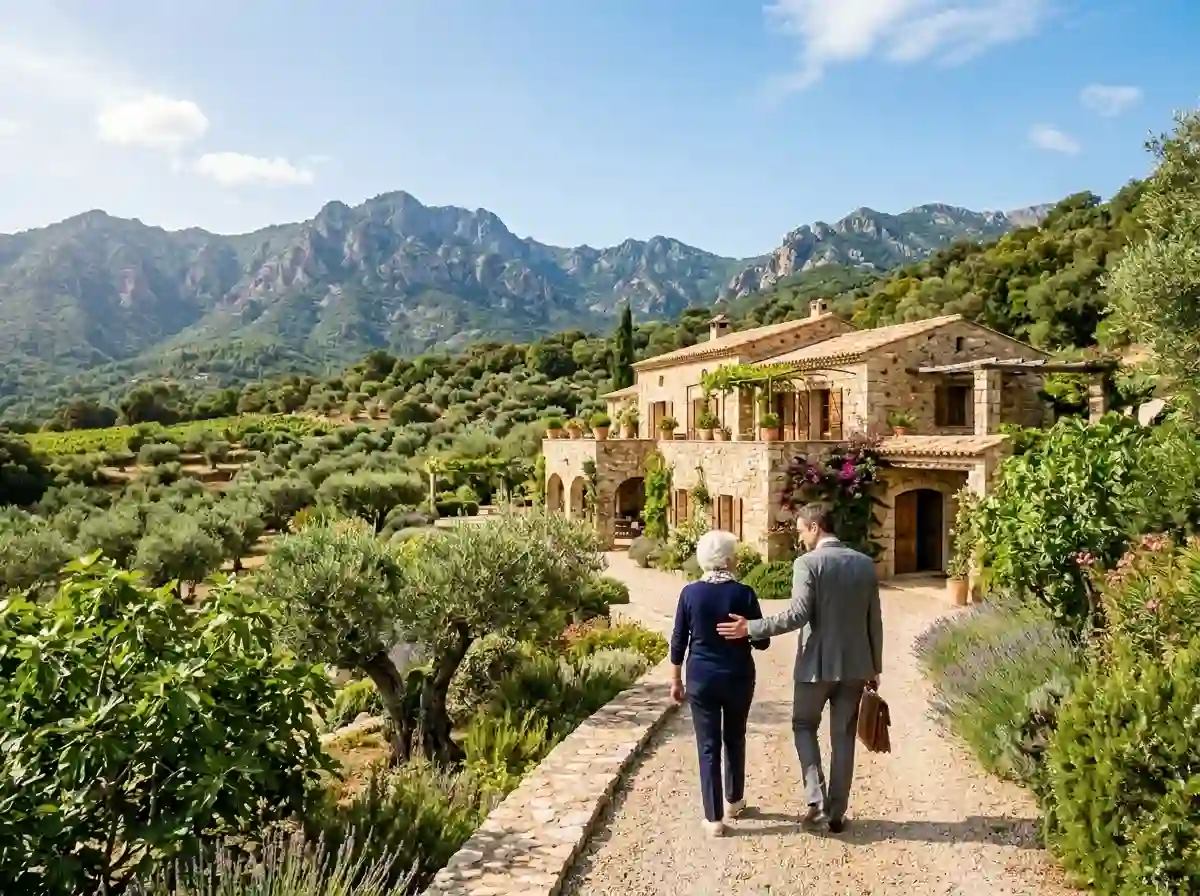 A lawyer leading an older woman toward a beautiful rustic stone villa in Corsica