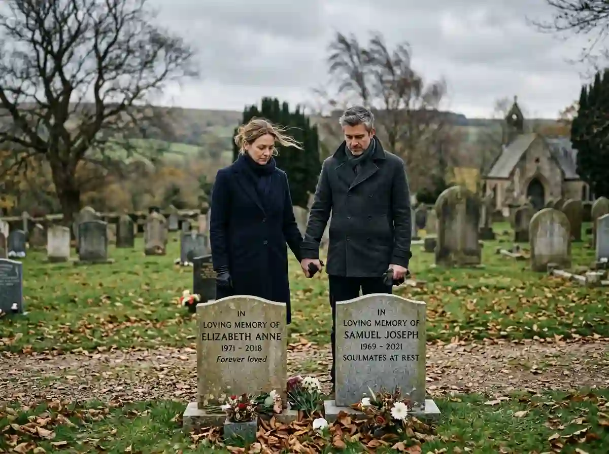 A couple holding hands in a cemetery, standing peacefully in front of two gravestones.