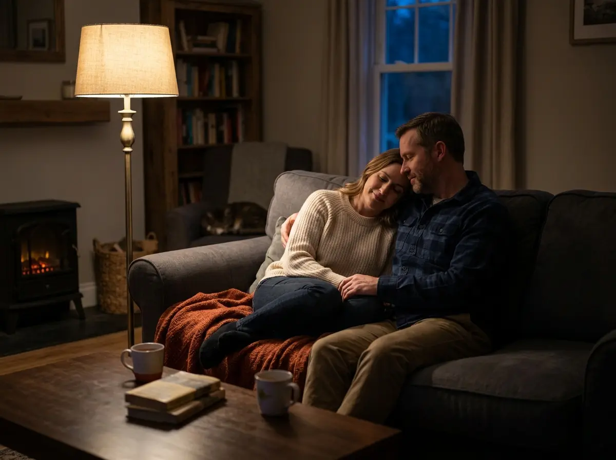 A woman resting her head on her husband's shoulder in a dimly lit living room