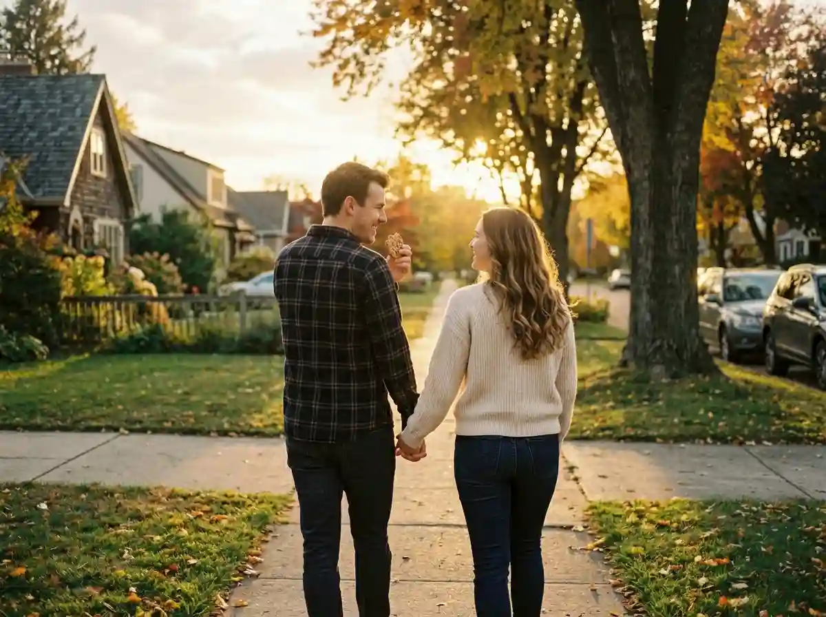 A happy couple walking down an ordinary street while the man eats a cookie
