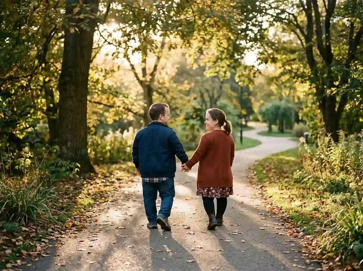Heartwarming photograph of a couple holding hands and walking down a sunlit park pathway