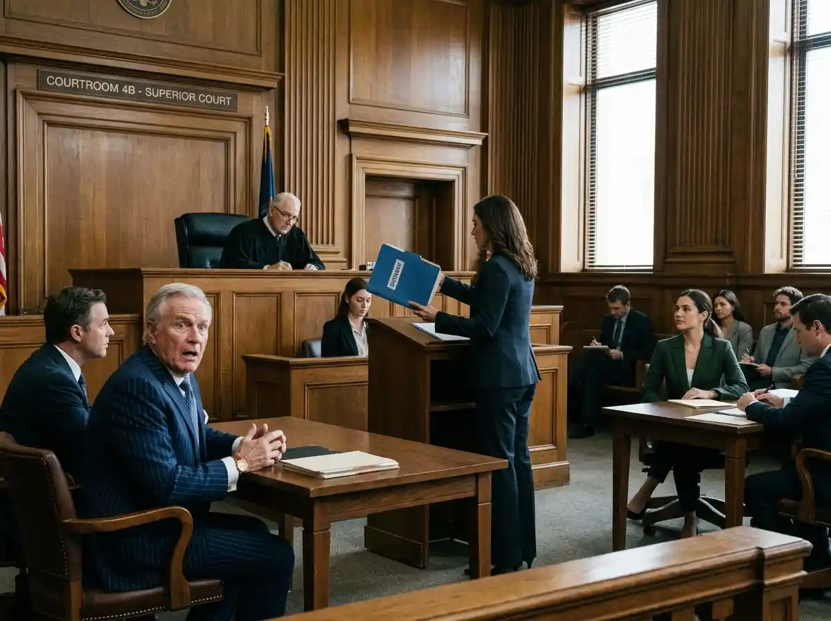 A confident lawyer presenting evidence to a judge in a courtroom
