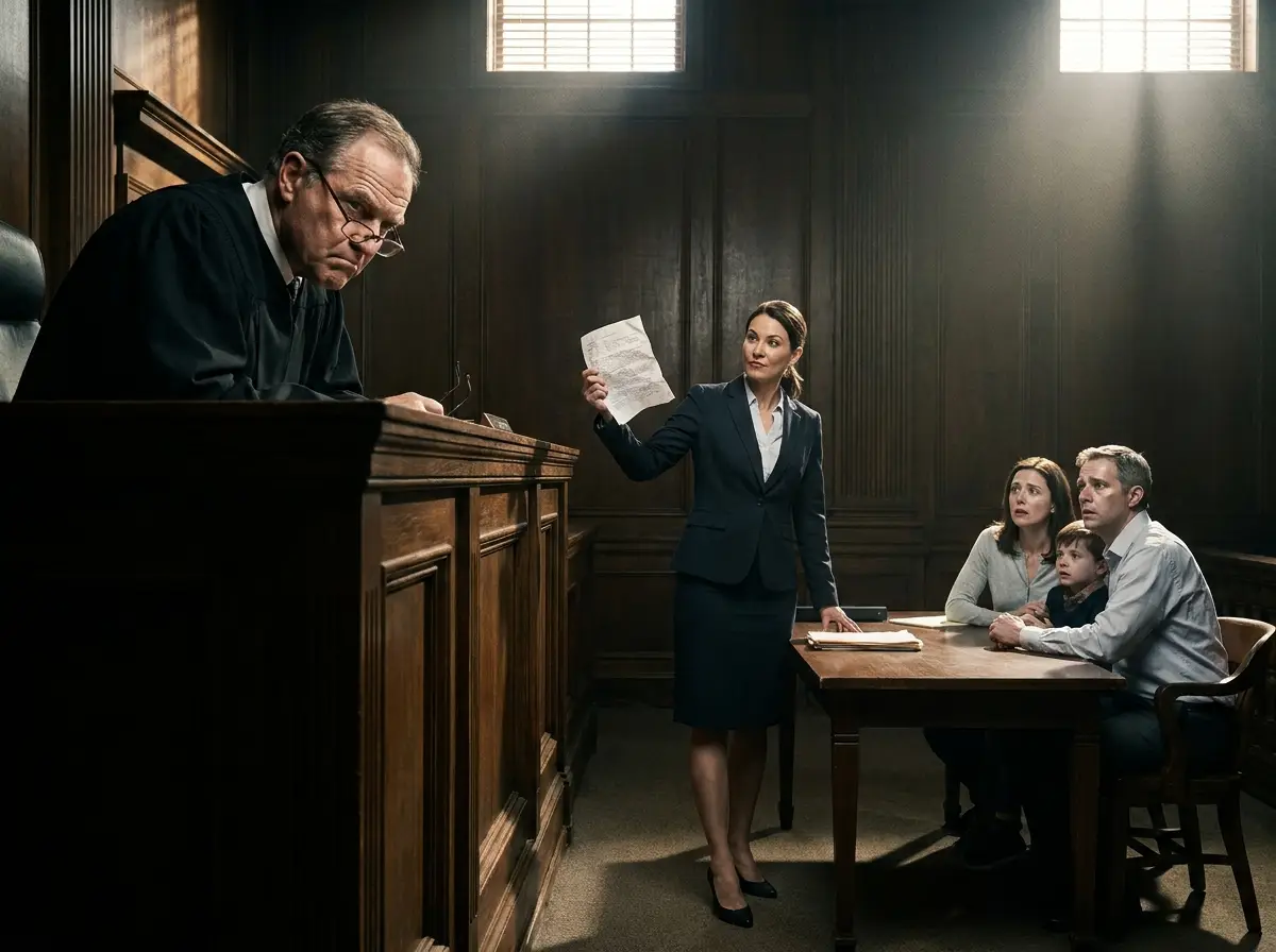 A stern judge looking down at a panicked family in a courtroom, while a female lawyer presents evidence.