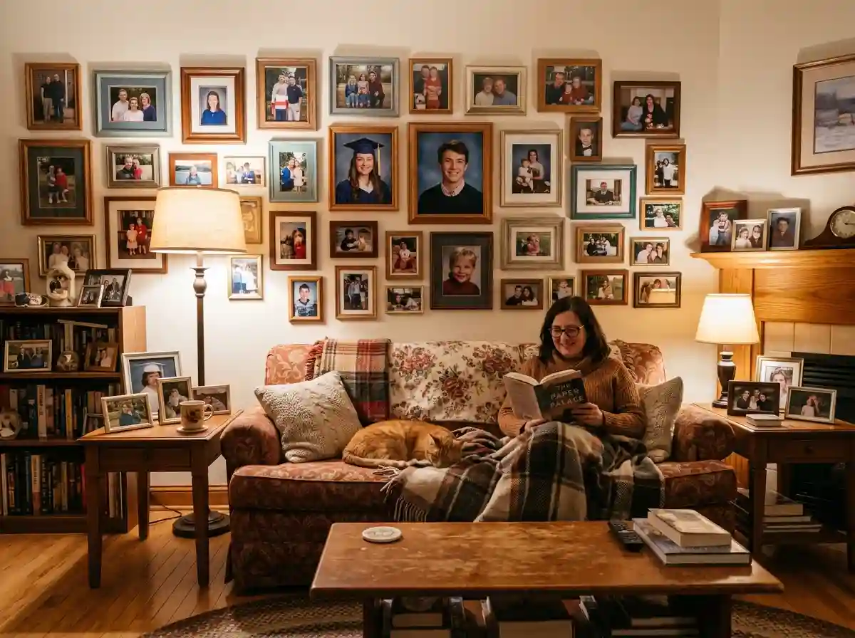 A warm and inviting living room filled with framed family photos