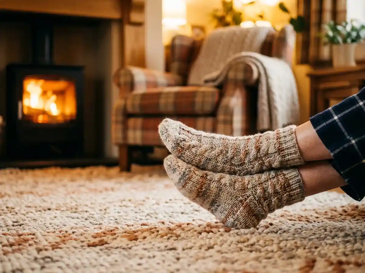 Close up of an older adult wearing warm knitted socks resting on a plush rug