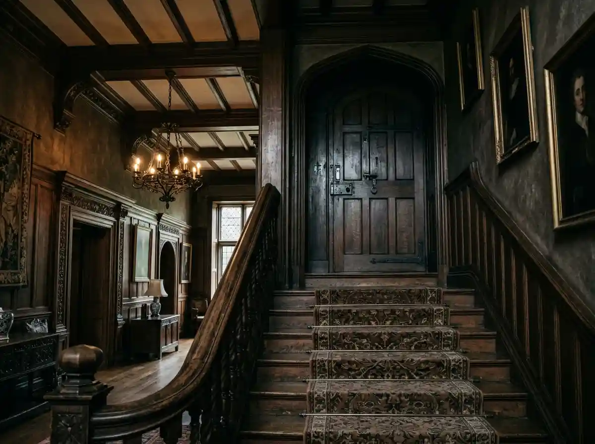 A slightly shadowed wooden staircase leading up to a closed, mysterious wooden attic door.