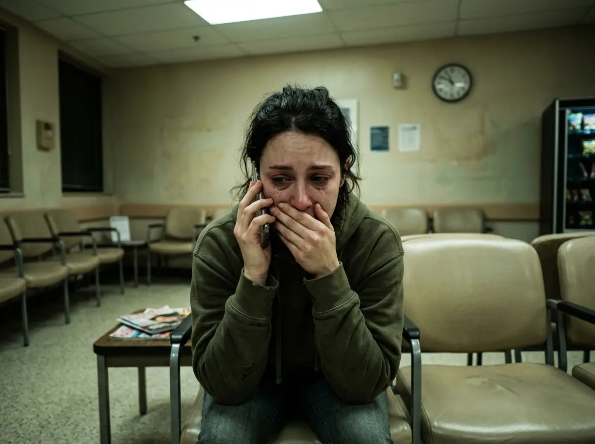 A devastated woman crying on a hospital phone at night